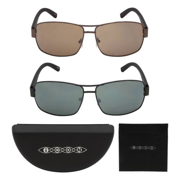 ICON Men's 2 Pack Sunglasses Set in Black/Bronze with Case & Cleaning Cloth - Picture 1 of 9